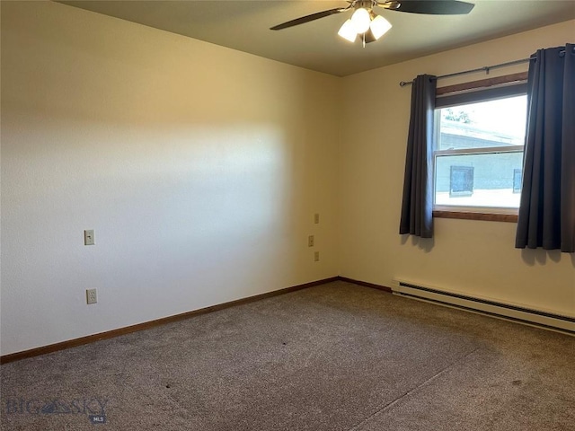 empty room with a ceiling fan, baseboards, baseboard heating, and carpet floors