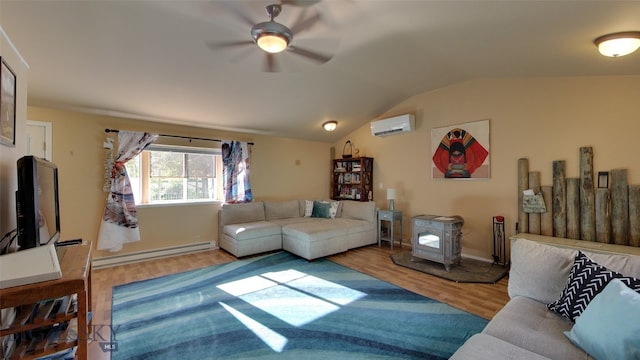 living room with a baseboard heating unit, wood finished floors, vaulted ceiling, a wall mounted air conditioner, and a wood stove