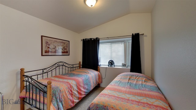 bedroom with lofted ceiling and carpet