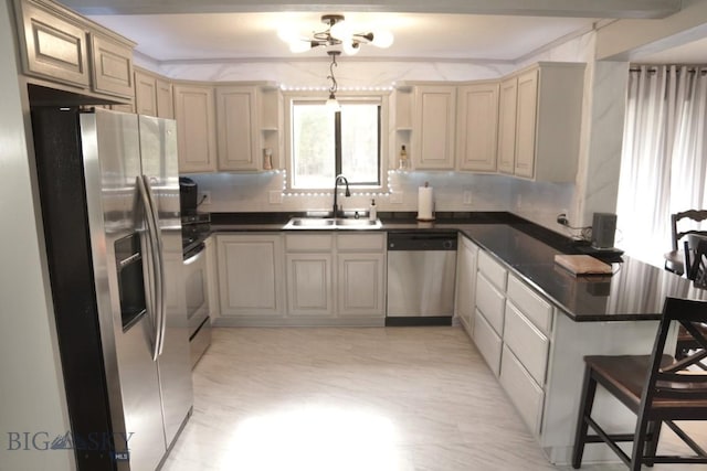 kitchen with stainless steel appliances, a sink, open shelves, tasteful backsplash, and dark countertops