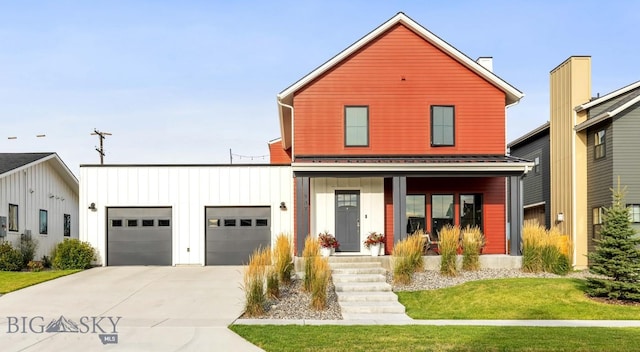 view of front facade with driveway, a porch, an attached garage, a front lawn, and board and batten siding