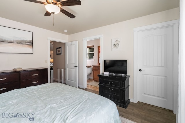 84 Tail Feather Ln Unit B, Bozeman, MT 59718 - bedroom with wood finished floors, ensuite bathroom, and a ceiling fan