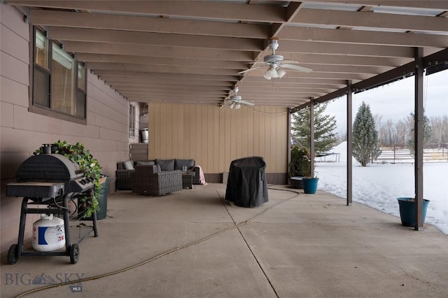 view of patio featuring an outdoor hangout area, area for grilling, and a ceiling fan