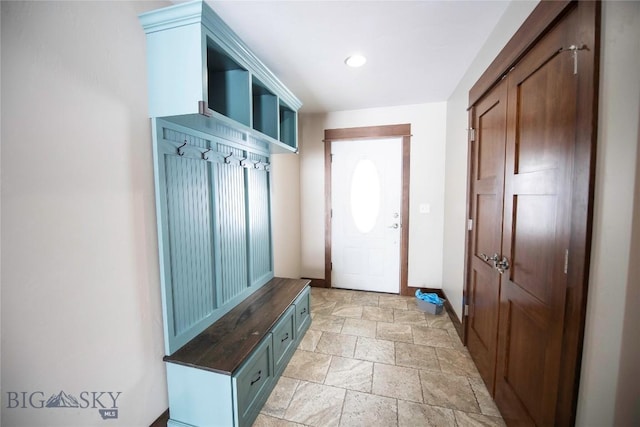 480 Prospector Trl, Bozeman, MT 59718 - mudroom with stone tile floors, baseboards, and recessed lighting