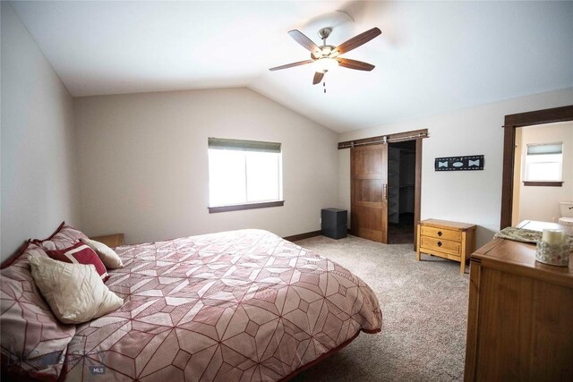 bedroom featuring carpet floors, lofted ceiling, multiple windows, and a barn door