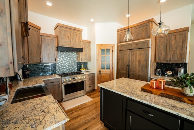 kitchen with under cabinet range hood, a sink, high quality appliances, light stone countertops, and decorative light fixtures