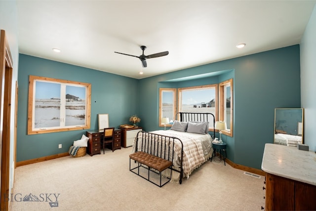 bedroom featuring carpet, recessed lighting, visible vents, ceiling fan, and baseboards