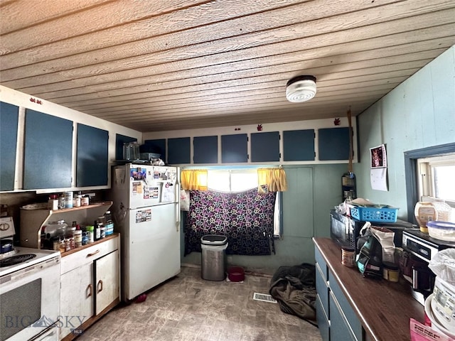 kitchen with blue cabinets, dark countertops, white appliances, and wooden ceiling