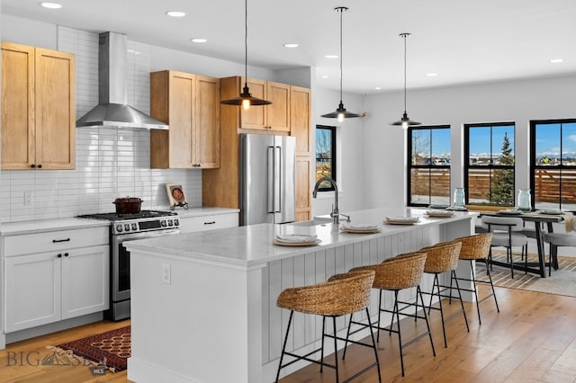 kitchen featuring light wood finished floors, tasteful backsplash, wall chimney exhaust hood, appliances with stainless steel finishes, and a sink