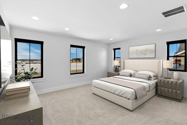 bedroom with recessed lighting, visible vents, and baseboards