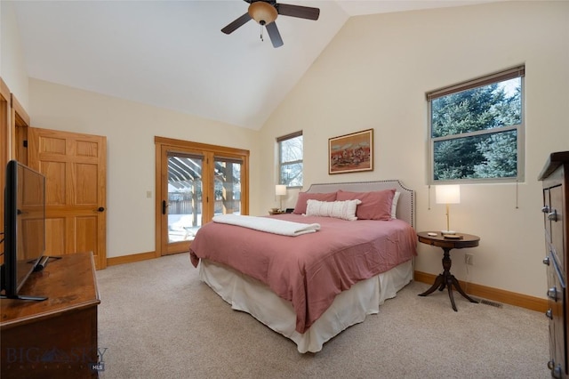 bedroom with high vaulted ceiling, access to outside, light carpet, and baseboards