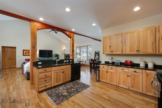 kitchen with lofted ceiling, light wood-type flooring, black dishwasher, and gas stove