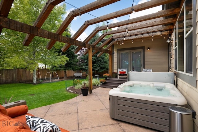 view of patio / terrace featuring fence, a hot tub, and a pergola