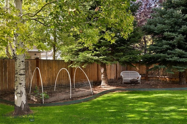 view of yard with a fenced backyard and a garden