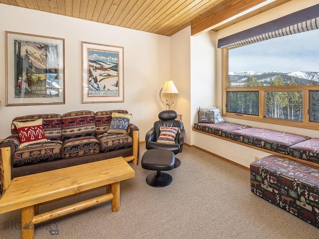 living area with carpet floors, wood ceiling, and baseboards