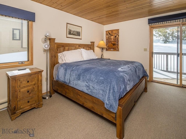 carpeted bedroom featuring access to outside and wooden ceiling