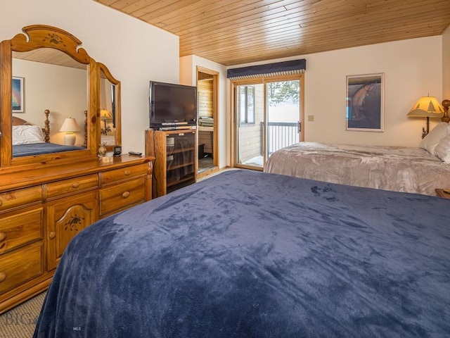 bedroom with access to outside and wooden ceiling