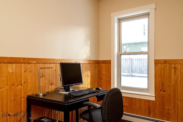 office space featuring a baseboard radiator, wainscoting, plenty of natural light, and wooden walls