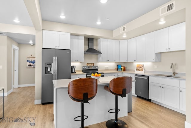 kitchen with appliances with stainless steel finishes, visible vents, a sink, and wall chimney range hood