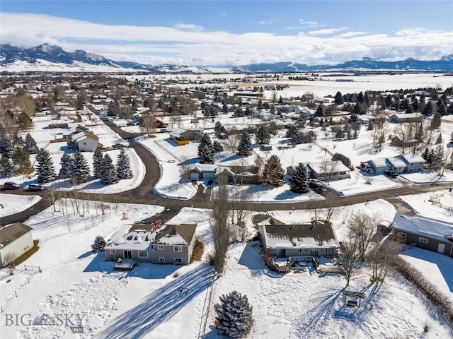 snowy aerial view with a residential view and a mountain view