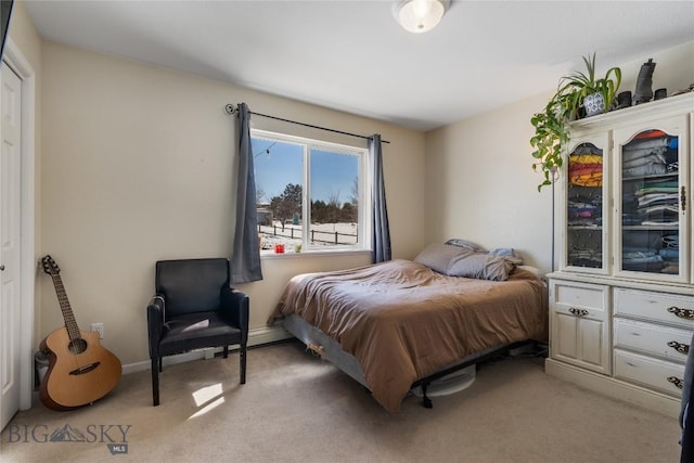 bedroom with light colored carpet