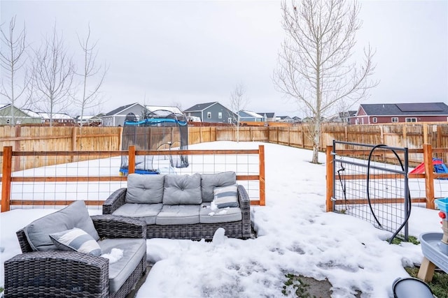 exterior space with a fenced backyard, a residential view, and outdoor lounge area