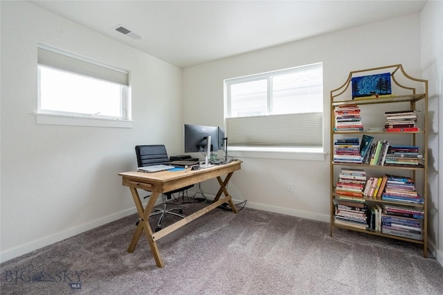 office with carpet floors, visible vents, and baseboards