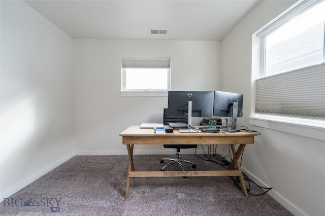 office area with carpet floors, baseboards, and visible vents