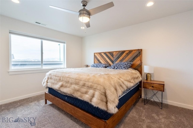 carpeted bedroom featuring recessed lighting, ceiling fan, and baseboards