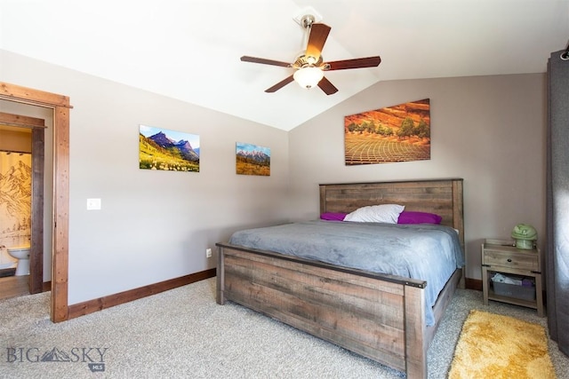 carpeted bedroom with ceiling fan, baseboards, and vaulted ceiling