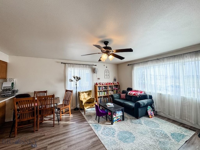 living area featuring a textured ceiling, a ceiling fan, and wood finished floors