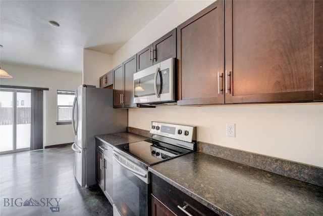 kitchen with appliances with stainless steel finishes, dark countertops, dark brown cabinetry, and baseboards