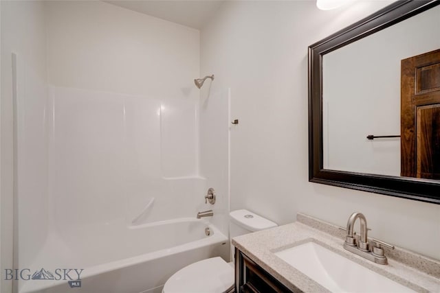 full bathroom with bathing tub / shower combination, toilet, and vanity