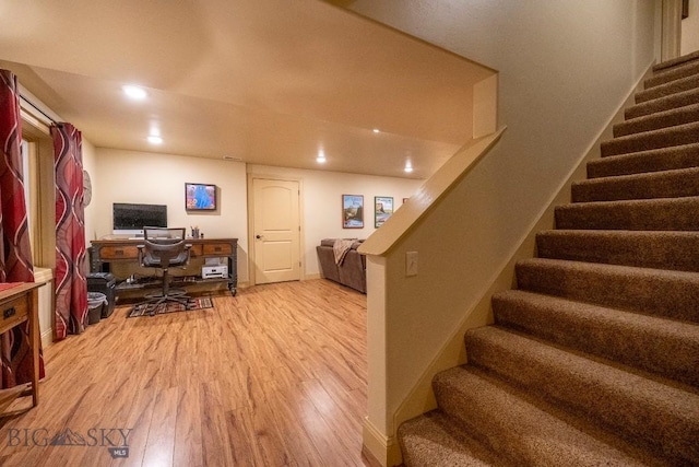 office area featuring baseboards, wood finished floors, and recessed lighting