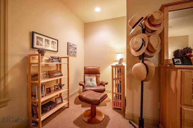 living area featuring carpet floors, recessed lighting, and baseboards