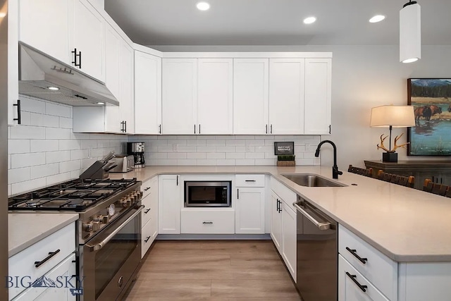 kitchen featuring a peninsula, a sink, light countertops, under cabinet range hood, and appliances with stainless steel finishes