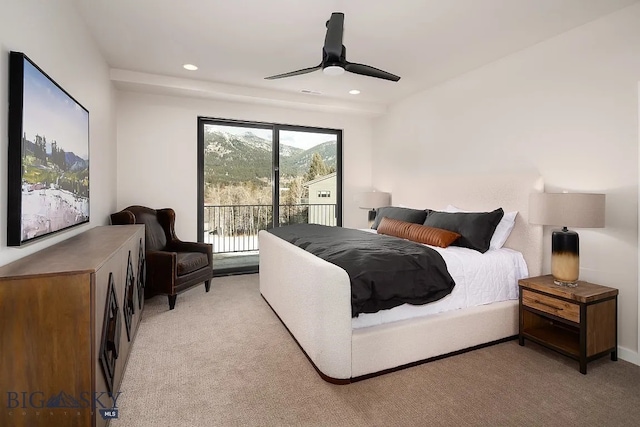 bedroom featuring ceiling fan, light colored carpet, access to exterior, and recessed lighting