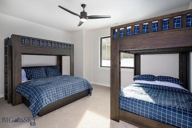 bedroom featuring carpet, baseboards, and ceiling fan