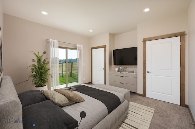 bedroom featuring baseboards, recessed lighting, light colored carpet, and access to exterior