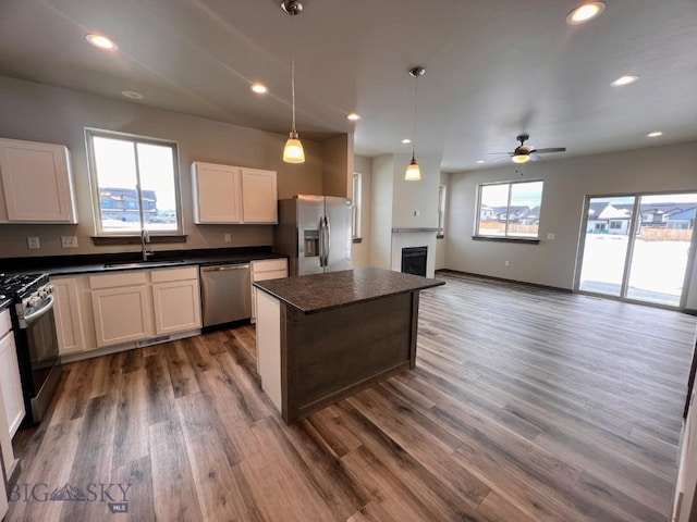 kitchen featuring stainless steel appliances, dark countertops, dark wood-style flooring, and a sink