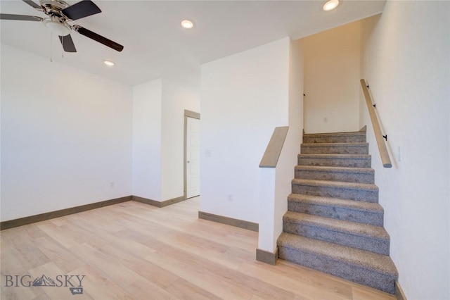 413 Garnier Ave Unit B, Livingston, MT 59047 - staircase with a ceiling fan, baseboards, wood finished floors, and recessed lighting