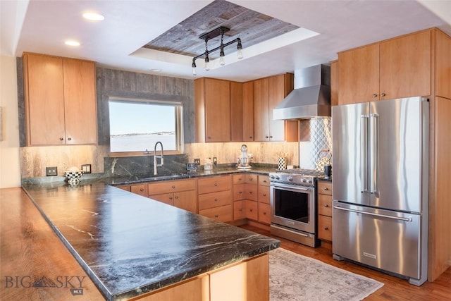 kitchen with a sink, stainless steel appliances, a peninsula, wall chimney exhaust hood, and a raised ceiling