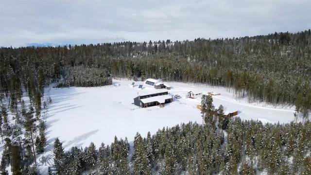 snowy aerial view with a view of trees