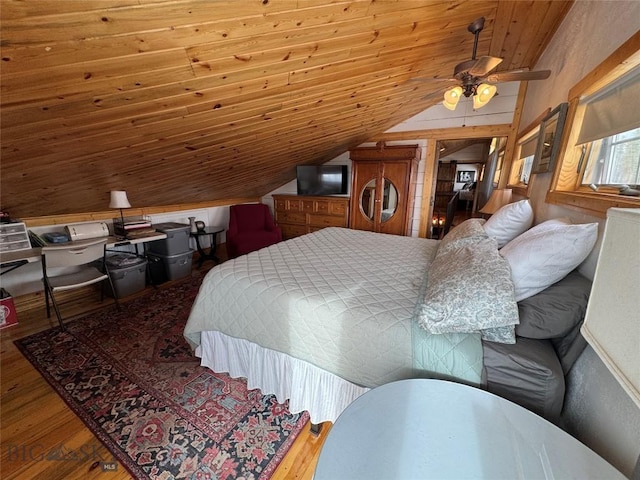 bedroom with lofted ceiling, wood ceiling, and wood finished floors