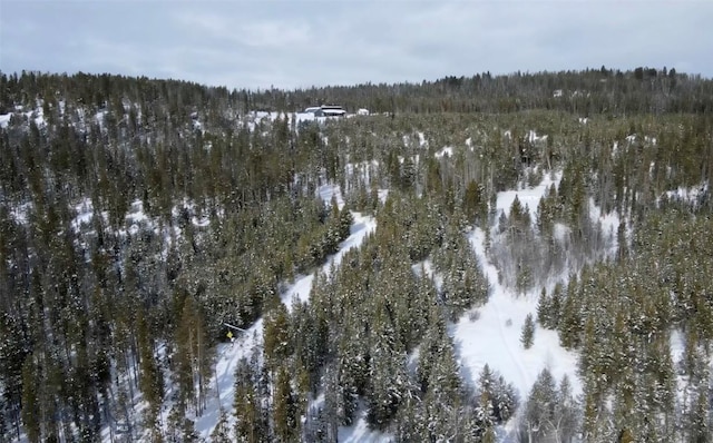 snowy aerial view featuring a view of trees