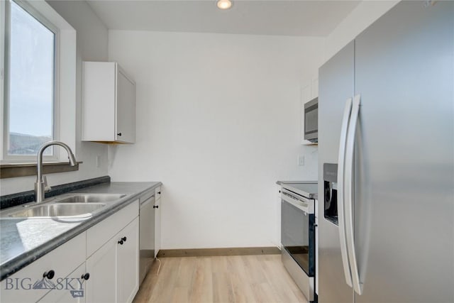 kitchen with stainless steel appliances, white cabinets, a sink, light wood-type flooring, and baseboards