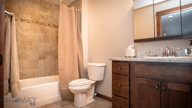 full bath with toilet, shower / tub combo, baseboards, and vanity