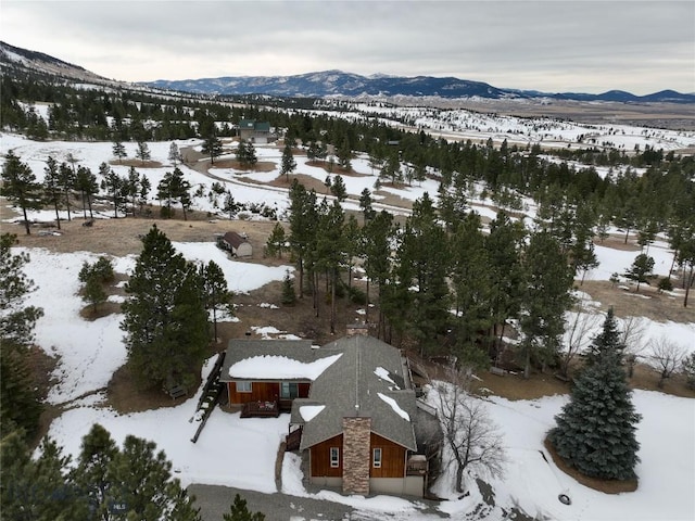 snowy aerial view with a mountain view