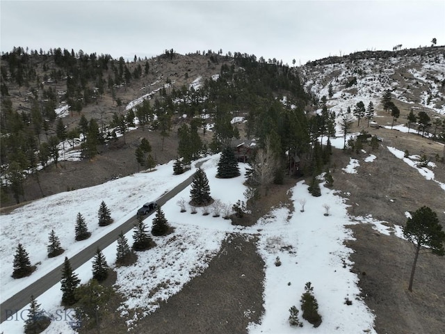 snowy aerial view featuring a mountain view