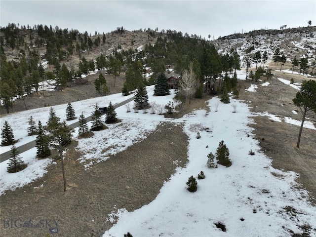 snowy aerial view with a mountain view